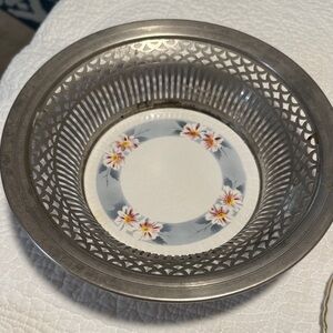 19th. Century Earthenware and Metal Bread Basket  9.5 x 2.5 inches